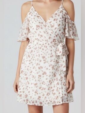 Jessica Simpson White and Salmon Cold Shoulder Faux Wrap Floral Dress NWT